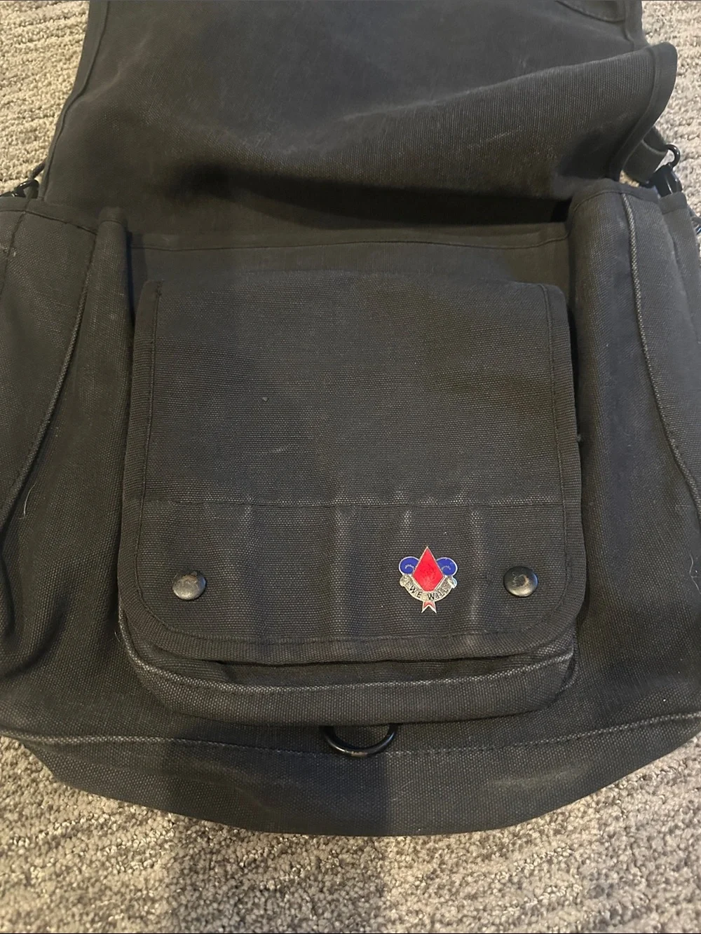Parajumpers Vintage Black Canvas Messenger Bag with 5th Infantry Army Pin